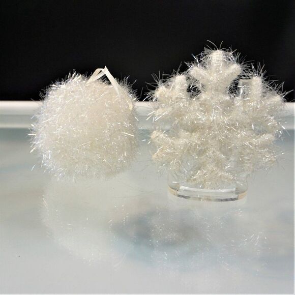 Frosted Snowflake And Snowball Feathered Tinsel Glittery Christmas Ornaments - Picture 2 of 7